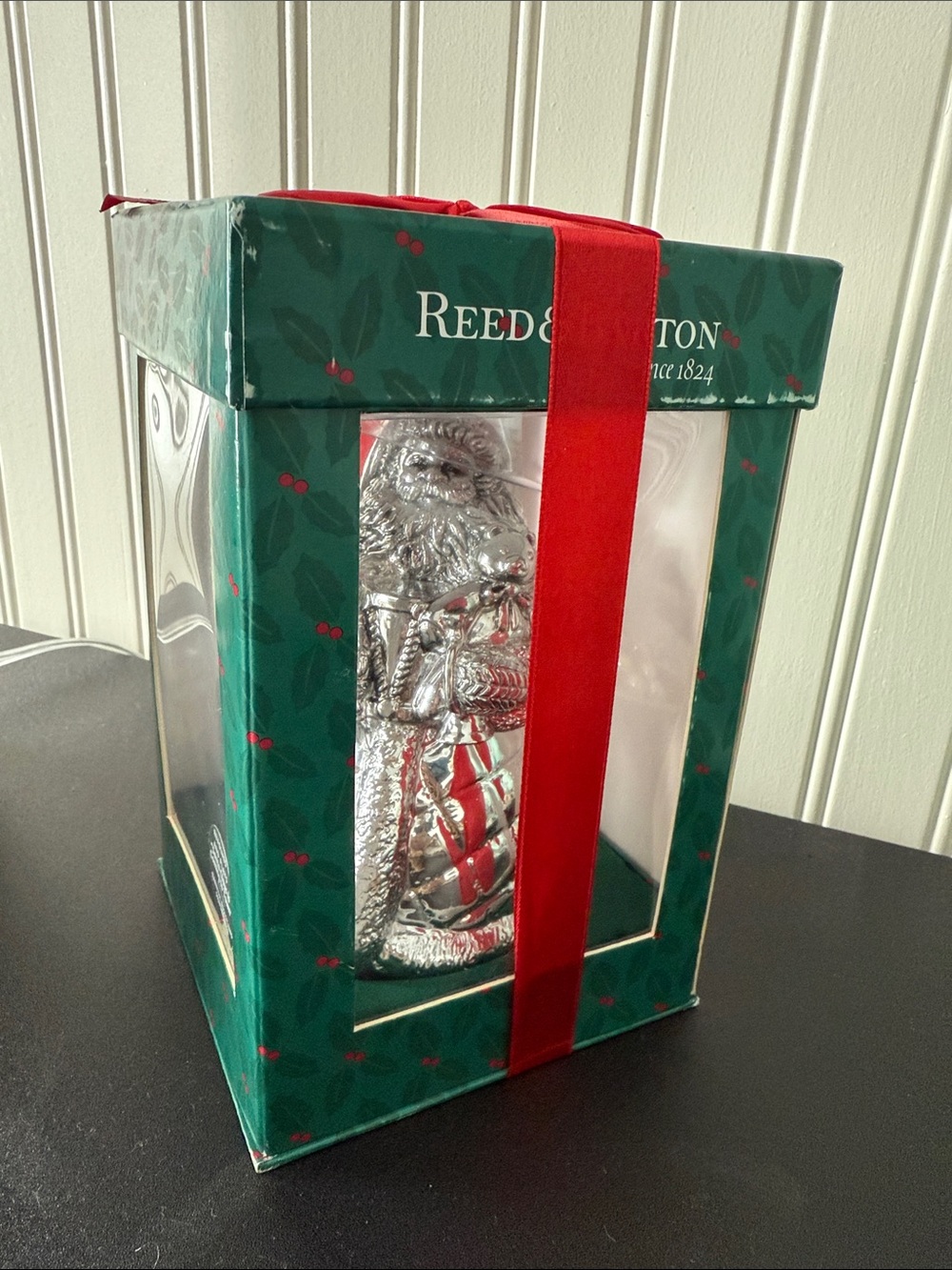 Reed & Barton Silver Santa Ornament in Green Box with Red Ribbon Accent